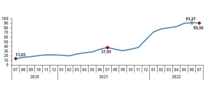 Hizmet Üretici Fiyat Endeksi (H-ÜFE) yıllık yüzde 90,56, aylık yüzde 7,42 arttı